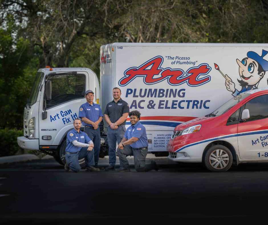 Art Plumbing, Air Conditioning & Electric technicians in front of vehicles
