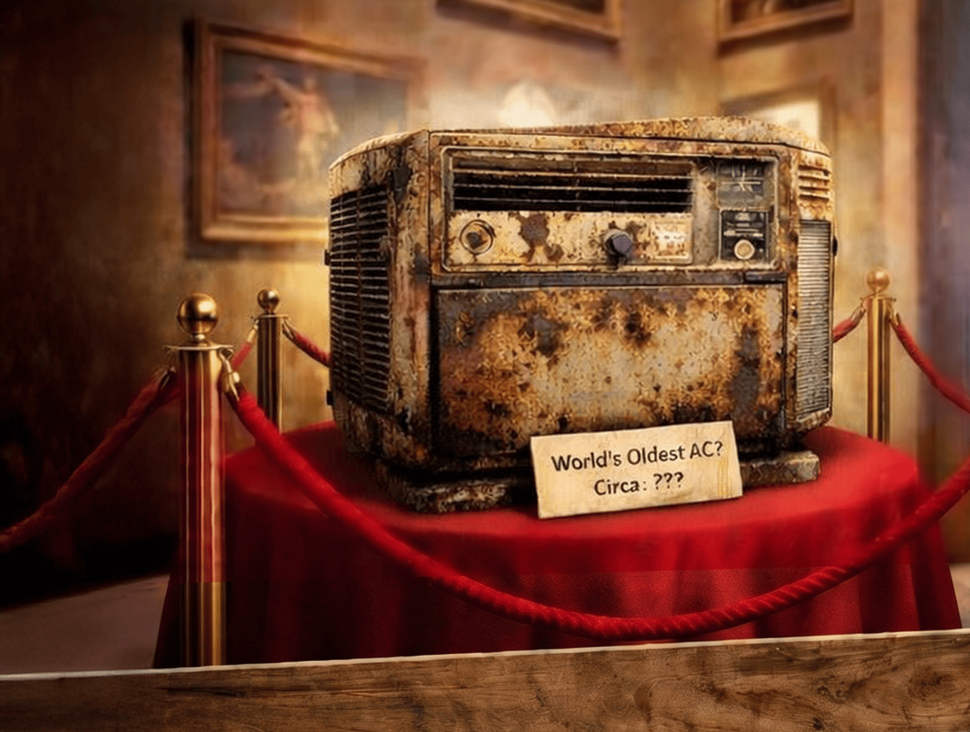 Rusty, vintage air conditioner on display behind red ropes in a museum setting, with a sign asking for its age: 'World's Oldest AC? Circa: ???'