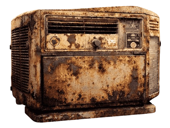 Old, rusted portable metal air conditioner/heater unit covered in grime and corrosion.