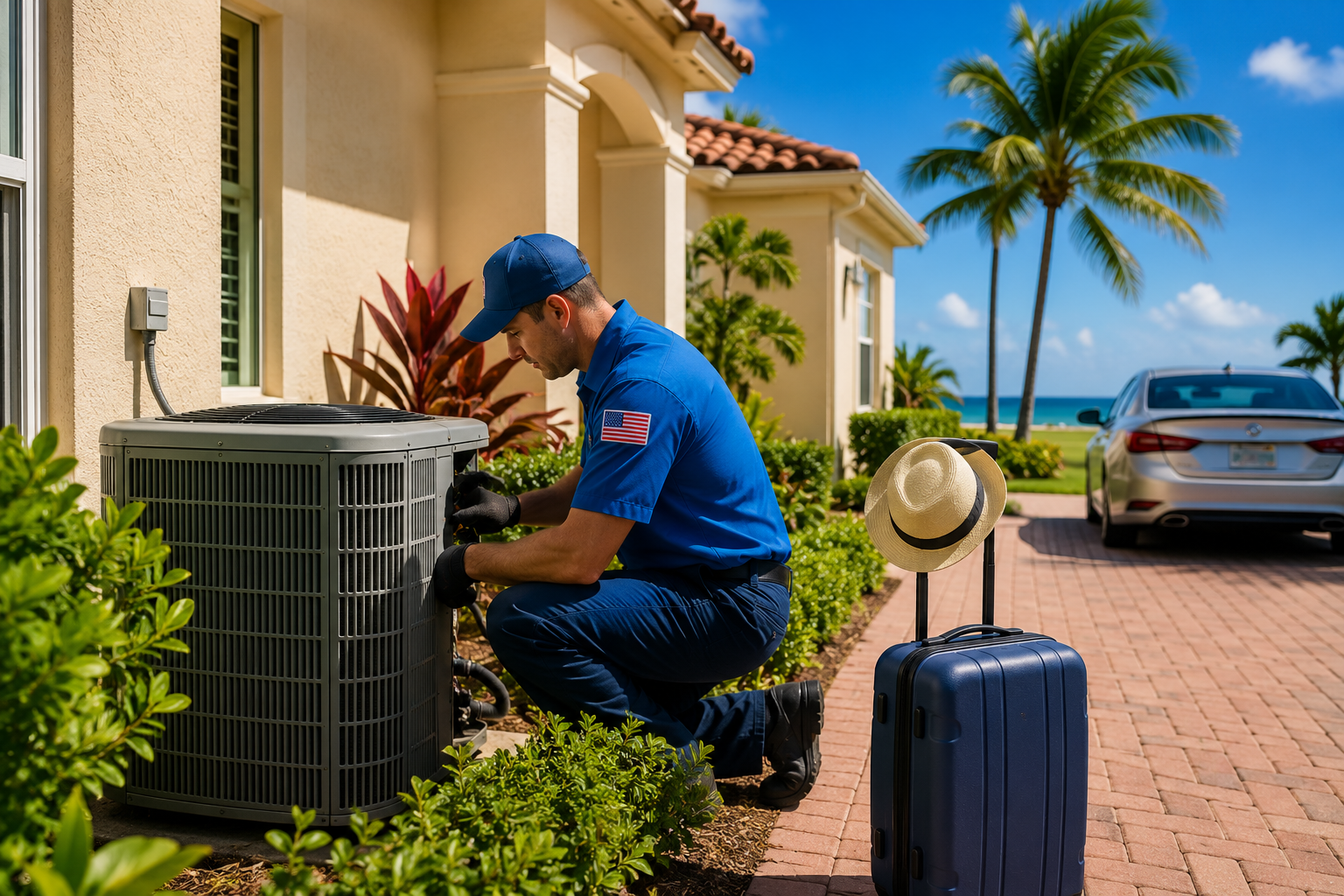 HVAC technician in a blue uniform crouches by an outdoor air conditioner unit beside a beige house, with palm trees and the ocean in the background.