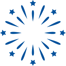 Blue firework burst with radiating streaks and star shapes around, conveying celebration.